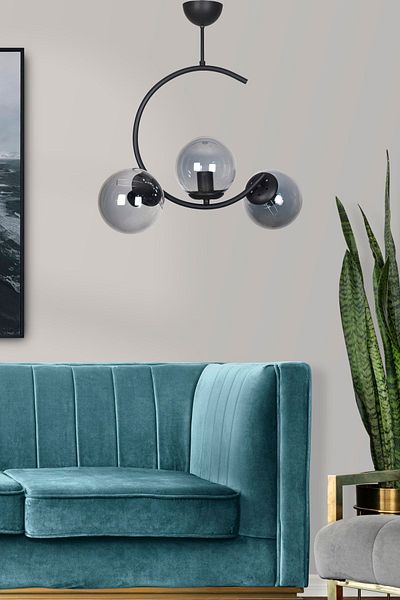 Fer Avize Julia Special Design Crescent Model Black Color Smoked Glass Living Room - Kitchen - Bedroom 3-Piece Chandelier