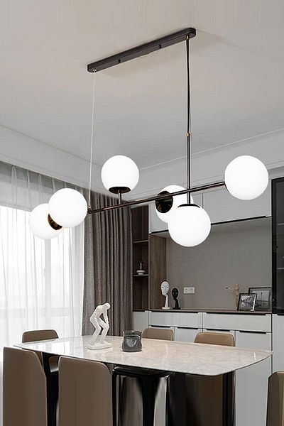 Fer Avize Simao Modern Design - 6-Piece White and Black Glass Chandelier Set for Living Room and Kitchen