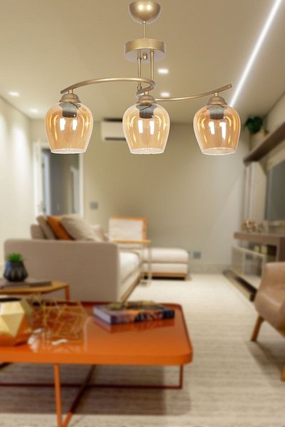 Fer Avize Fuji Modern Design Antique Case Honey Glass Living Room - Kitchen - Bedroom 3-Piece Chandelier