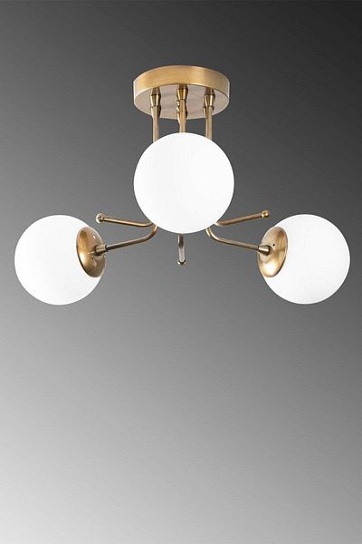 Fer Avize Daisy Modern Antique Color Globe White Glass Living Room - Kitchen - Bedroom 3-Piece Chandelier