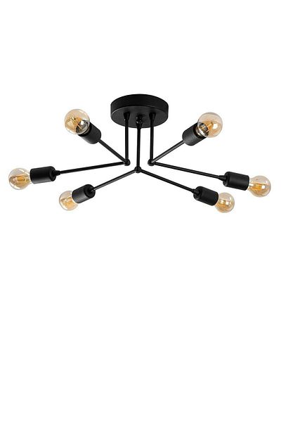 Fer Avize Hexagonal Modern Sports Ceiling Plate Black Color Living Room - Kitchen 6-Piece Chandelier (Without Bulb)