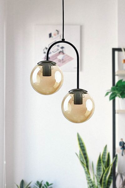 Fer Avize Janin Modern Pendant Lamp Black Color Body Honey Glass Living Room - Kitchen - Bedroom 2 Pieces Chandelier