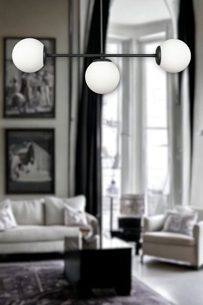 Fer Avize Neron Special Design Black Color Globe White Glass Living Room - Kitchen - Bedroom 3-Piece Chandelier