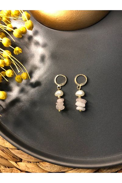 Stoneday Natural Stone Pink Quartz Gold Detailed Plated Pearl Earrings