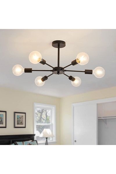 Fer Avize Star Decorative Modern Design Black Living Room - Kitchen - Bedroom 6-Piece Chandelier (Without Bulb)