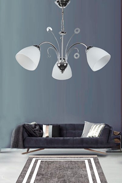 Fer Avize Idil Modern Krom Renk Beyaz Opal Camlı Salon - Mutfak - Yatak Odası...