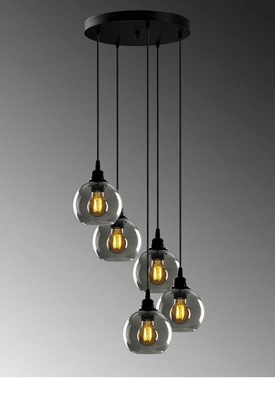 Biotronik Opvik Special Design Modern Sports Black Color Smoked Glass Pendant Lamp Living Room - Kitchen - Bedroom 5-Piece Chandelier