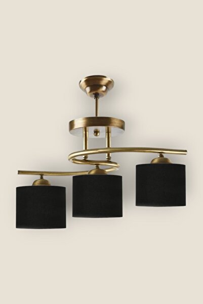 Fer Avize Fuji Modern Dekoratif Eskitme Renk Salon - Mutfak - Yatak Odası 3 lü Siyah Kumaş Başlıklı Avize