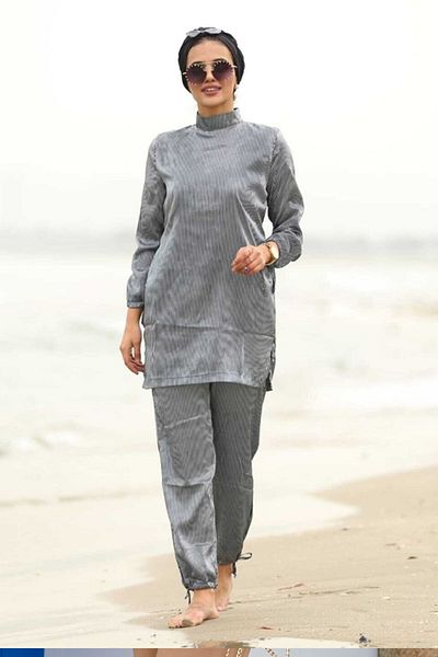 TrendParis Satin Hijab Swimsuit - Striped Design