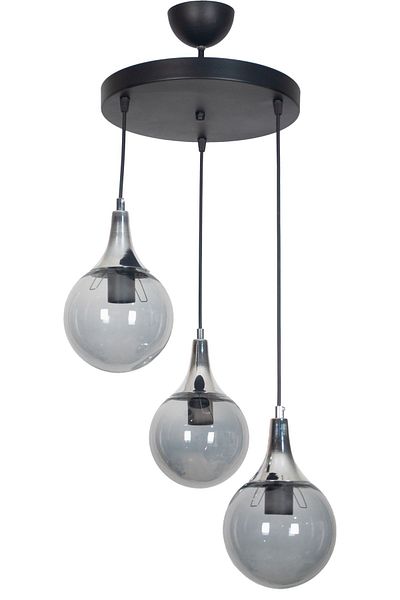 Fer Avize Damla Modern Design Pendant Lamp Black Chrome Color Smoked Glass Living Room - Kitchen - Bedroom 3-Piece Chandelier
