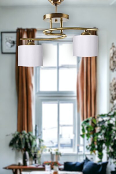 Fer Avize Fuji Modern Dekoratif Eskitme Renk Salon - Mutfak - Yatak Odası 2 li Beyaz Kumaş Başlıklı Avize