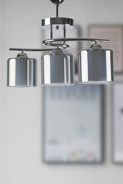 Fer Avize Fuji Modern Chrome Color Smoked Double Glass Living Room - Kitchen - Bedroom 3-Piece Chandelier