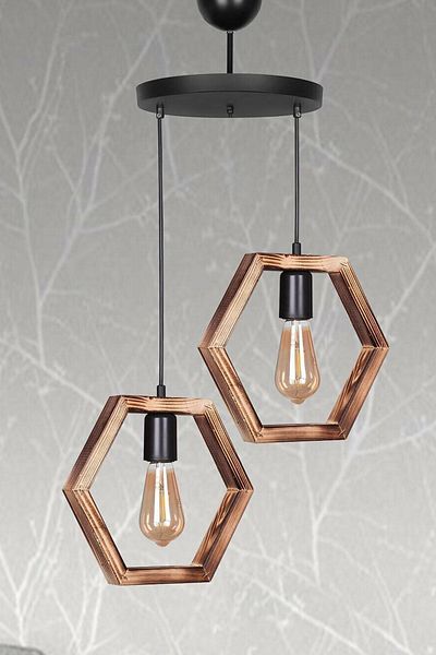 Fer Avize Wood Special Design Wooden Pendant Lamp Black Living Room - Kitchen - Bedroom 2-Piece Chandelier