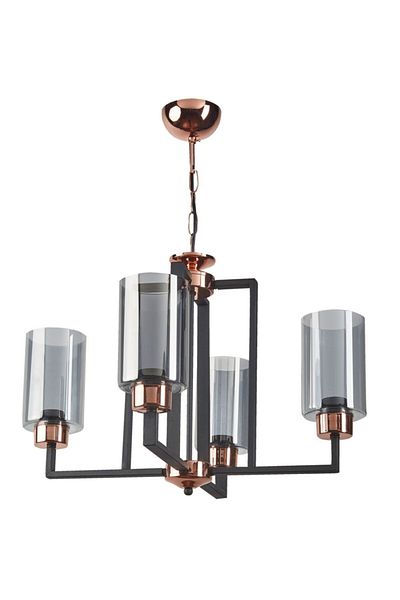 Fer Avize Datca Retro Black Color Copper Detailed Smoked Glass Living Room - Kitchen - Bedroom 4-Piece Chandelier