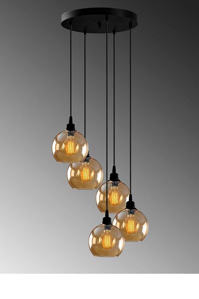 Biotronik Opvik Special Design Modern Sports Black Color Honey Colored Glass Pendant Lamp 5 Pieces Chandelier