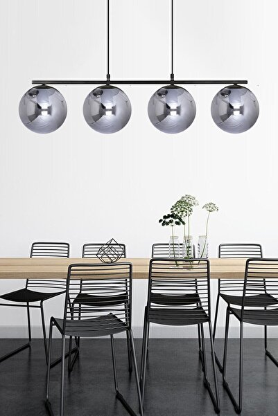 Fer Avize Sezar Siyah Renkli Füme Globe Camlı Modern Tasarım Yemek Masası Üstü -salon 4 Lü Avize