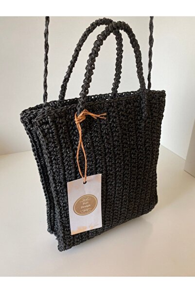 PeriStore Hasır Mini Shopper Siyah Askılı El Örmesi Çanta 17x20cm Astarlı