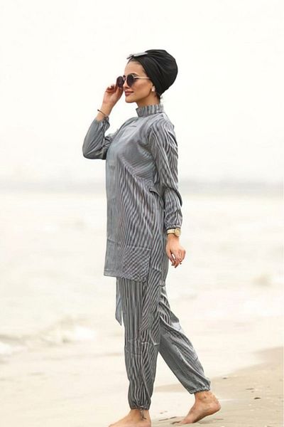 TrendParis Satin Hijab Swimsuit - Striped Design