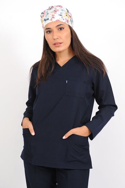Lobby Uniform 47 No Lacivert Alpaka V Yaka Takım (pantolonlu) Hemşire Önlüğü