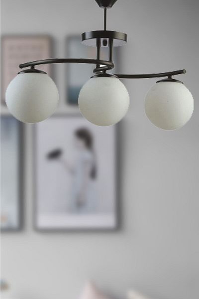 Fer Avize Linda Modern Black Color Closed Globe White Glass Living Room - Kitchen - Bedroom 3-Piece Chandelier