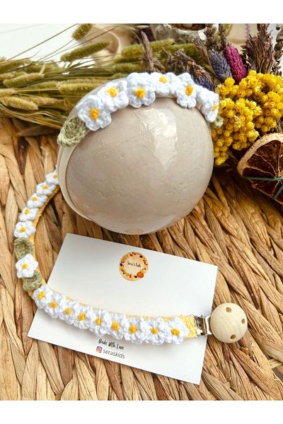 seraskids Knitted Baby Hair Bandana and Wooden Pacifier Chain Set