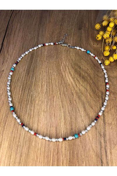 Stoneday Silver Detailed Colorful Design Pearl Necklace with Pearls