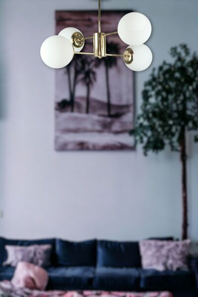 Fer Avize Oscar Modern Lüks Tasarım Gold Renk Kasa Beyaz Camlı Salon - Mutfak - Yatak Odası 4 Lü Avize