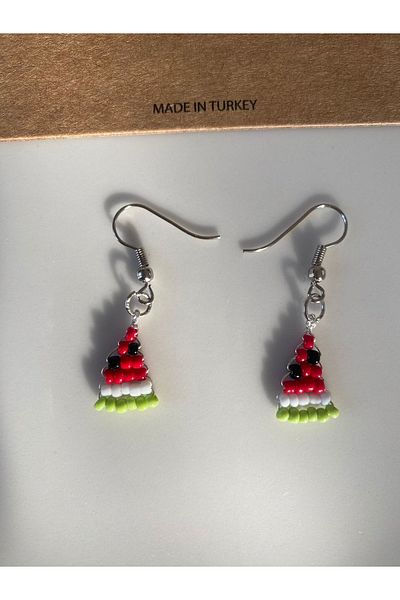 Stoneday Sand Bead Watermelon Slice Silver Detailed Dangle Earrings