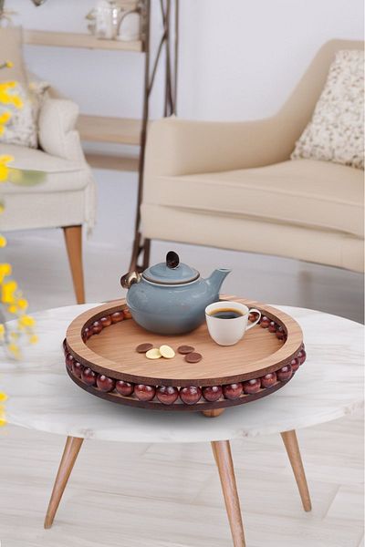 Akkoyunlu home 25 cm Round Wooden Beaded Candle Holder Tray - Bathroom, Home, Decor Tray