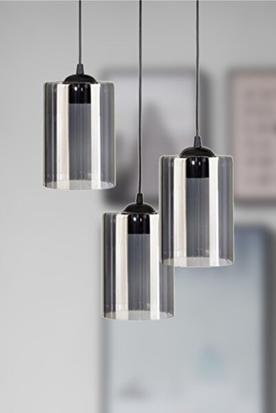 Fer Avize Lion Modern Siyah Renk Füme Camlı Salon - Mutfak - Yatak Odası 3 Lü Avize