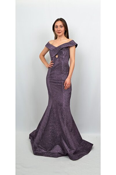 ALİS DRESS Yakası Detaylı Simli Mor Rengi Abiye