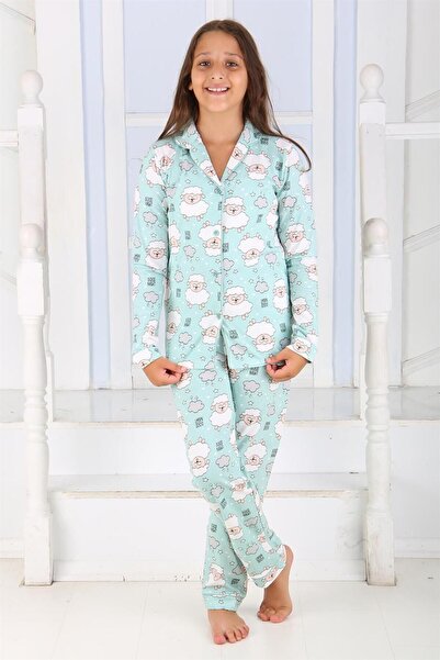 vitmo Girl's Buttoned Pajama Set Lamb 'good night' Model Long Sleeve
