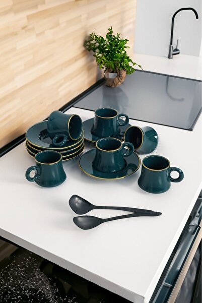 Akkoyunlu home طقم فناجين قهوة تركية خضراء لـ 6 أشخاص مصنوع يدويًا من السيرام...