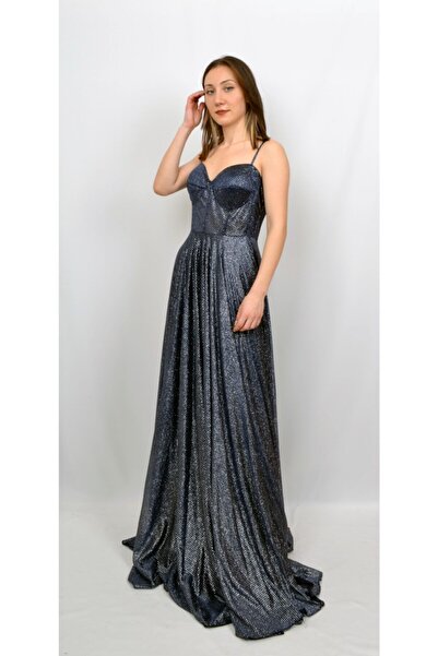 ALİS DRESS Kadın Lacivert İp Askılı Kare Desenli Parıltılı Abiye Elbise