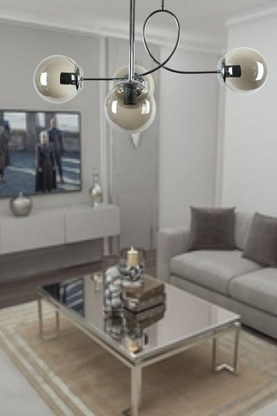 Fer Avize Jade Special Design Chrome Color Globe Smoked Glass Living Room - Kitchen - Bedroom 4-Piece Chandelier