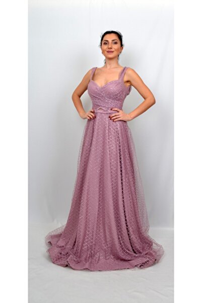 ALİS DRESS Kadın Gül Kurusu Rengi Kare Desenli Bel Detaylı Abiye