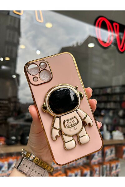 OVADA iPhone 13/14 Uyumlu Kamera Korumalı Astronot Detay PopSocketli Kenarları Gold Premium Silikon Kılıf