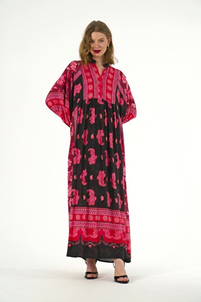 ABBRA Women's High Collar 2-Button 100% Viscose Summer Dress