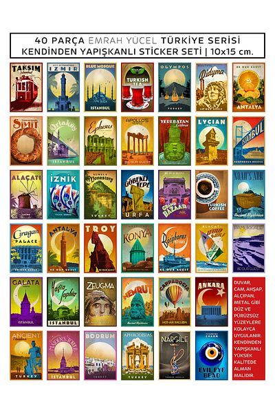 Plustablo Emrah Yücel 40 Piece Turkey Series - Self-Adhesive Sticker Set| 10x15 cm