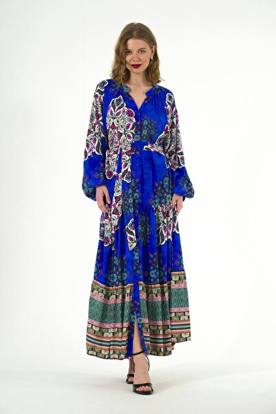 ABBRA فستان نسائي صيفي ذو ياقة بحزام وأكمام بالون 100% فيسكوز