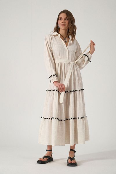 ABBRA Women's Pompom Belted Sleeves Elastic 100% Viscose Summer Dress