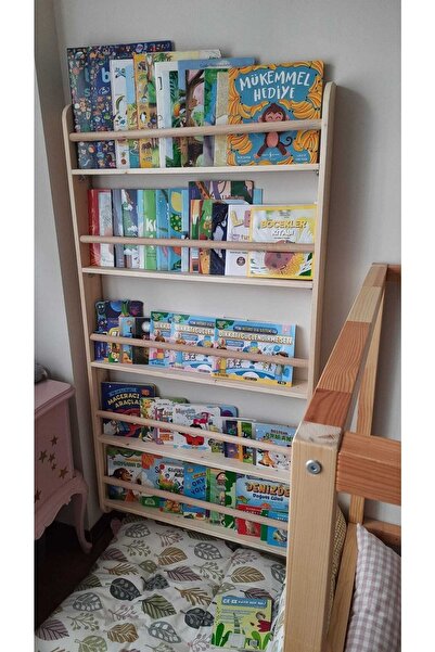 MrtAhşap Montessori Kitaplık Geniş Model Yuvarlak Çıtalı 5 Katlı