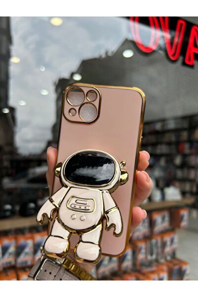 OVADA iPhone 13/14 Uyumlu Kamera Korumalı Astronot Detay PopSocketli Kenarları Gold Premium Silikon Kılıf