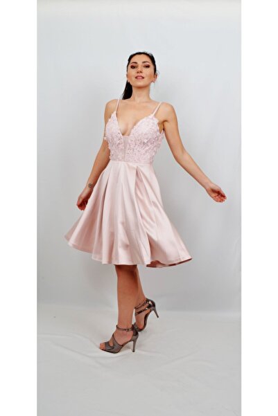 ALİS DRESS Kadın Göğsü 3 Boyutlu Çiçek Detaylı Pembe Rengi Elbise