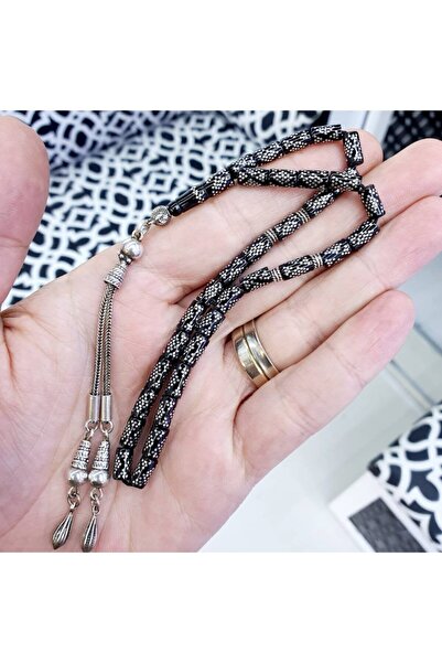 Efe Oltu Taşı Gümüş Tesbih Takı Kesme Model 1000 Ayar Yoğun Gümüş Işlemeli Hakiki Oltu Taşı Tesbih