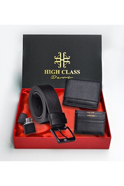 HighClass Erkek Deri Kemer Cüzdan Kartlık Metal Çakmak Hediye Seti