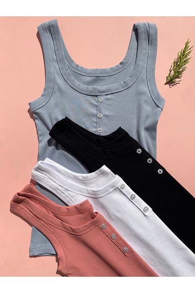 LEYNA BUTİK Women's Corduroy Undershirt - Cotton, Thick Strap, Button Detail, Set of 4 Blue/Black/Dried Rose/White Color