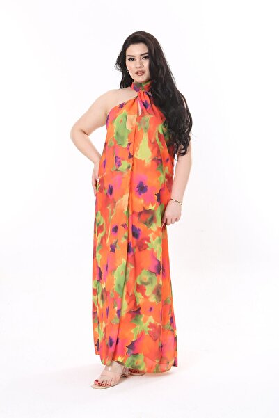 Şans Colorful Crepe Dress - Plus Size, Halter Neck, Unlined 65N37940