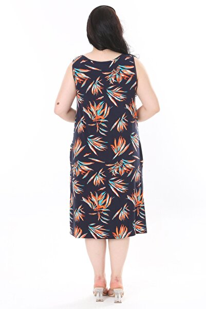 Şans Plus Size Colorful Crew Neck and Chest Pleated Sleeveless Long Dress - 65N37946