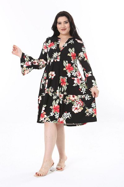 Şans Μαύρο φόρεμα με λαιμόκοψη V μακρυμάνικο Plus Size - 65N37944